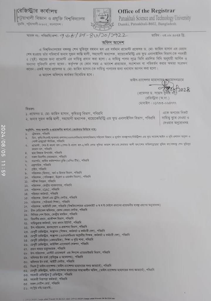 বঙ্গবন্ধু শেখ মুজিবর রহমান হলের প্রভোষ্টের দায়িত্ব প্রদান প্রসঙ্গে।